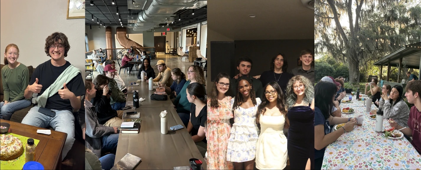 Four photos of ReachFSU students side by side — around a birthday cake, at a long table over coffee and books, dressed up for a banquet, and eating together outdoors under the oaks